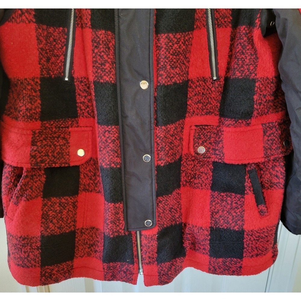 APT.9 Coat Size XL Red Black Plaid Winter Heavy Hooded Faux Fur Trim Mid‎ Length - Picture 2 of 13